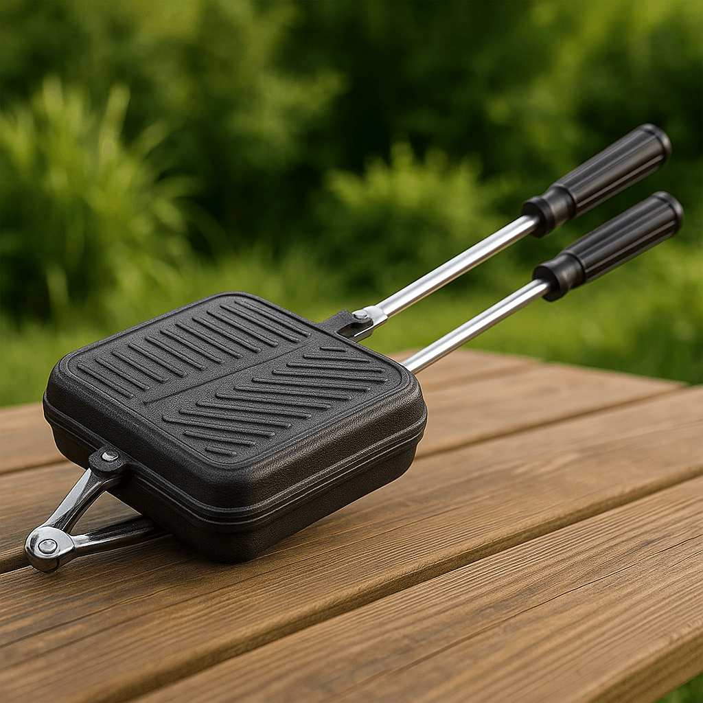 Bachat Club premium aluminum sandwich toaster with black non-stick plates and long handles on wooden table