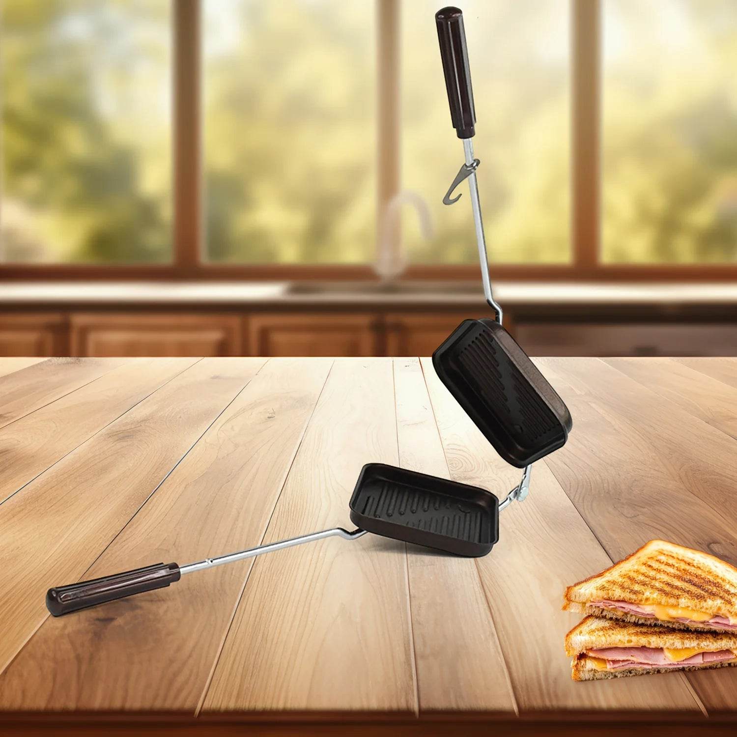 Bachat Club premium aluminum sandwich toaster with wooden handles and grilled sandwich on wooden table