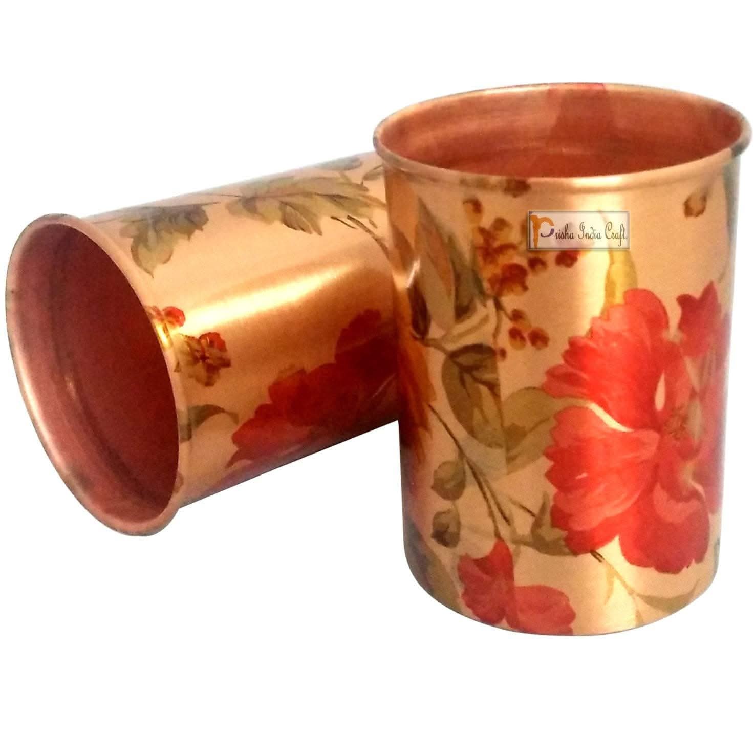 Pure copper digital printed flower design glass tumbler (pack of 2x300ml) | PRISHA INDIA CRAFT
