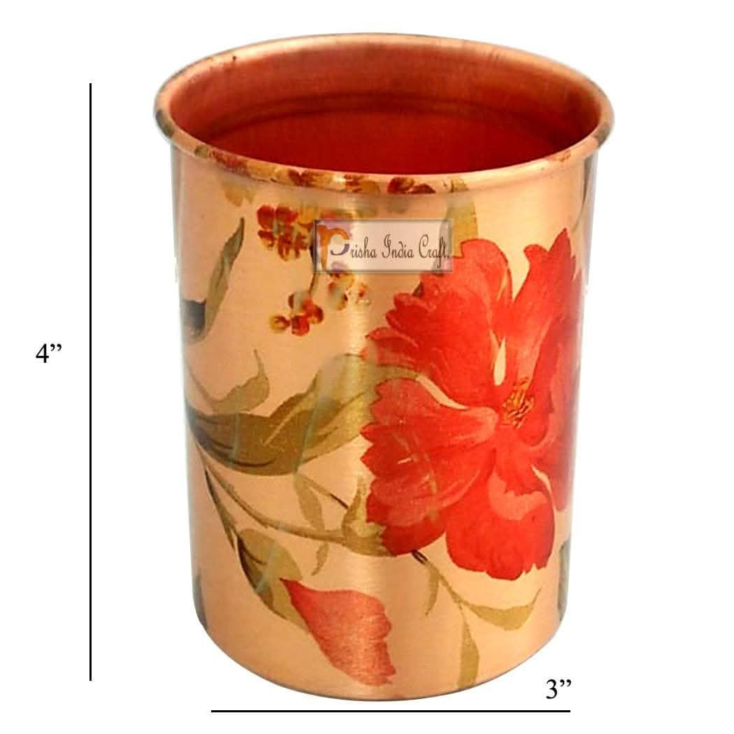 Pure copper digital printed flower design glass tumbler (pack of 2x300ml) | PRISHA INDIA CRAFT