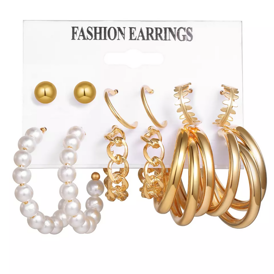 Pinapes Trendy Metal Earrings with Beads for Women & Girls (Set of 6)
