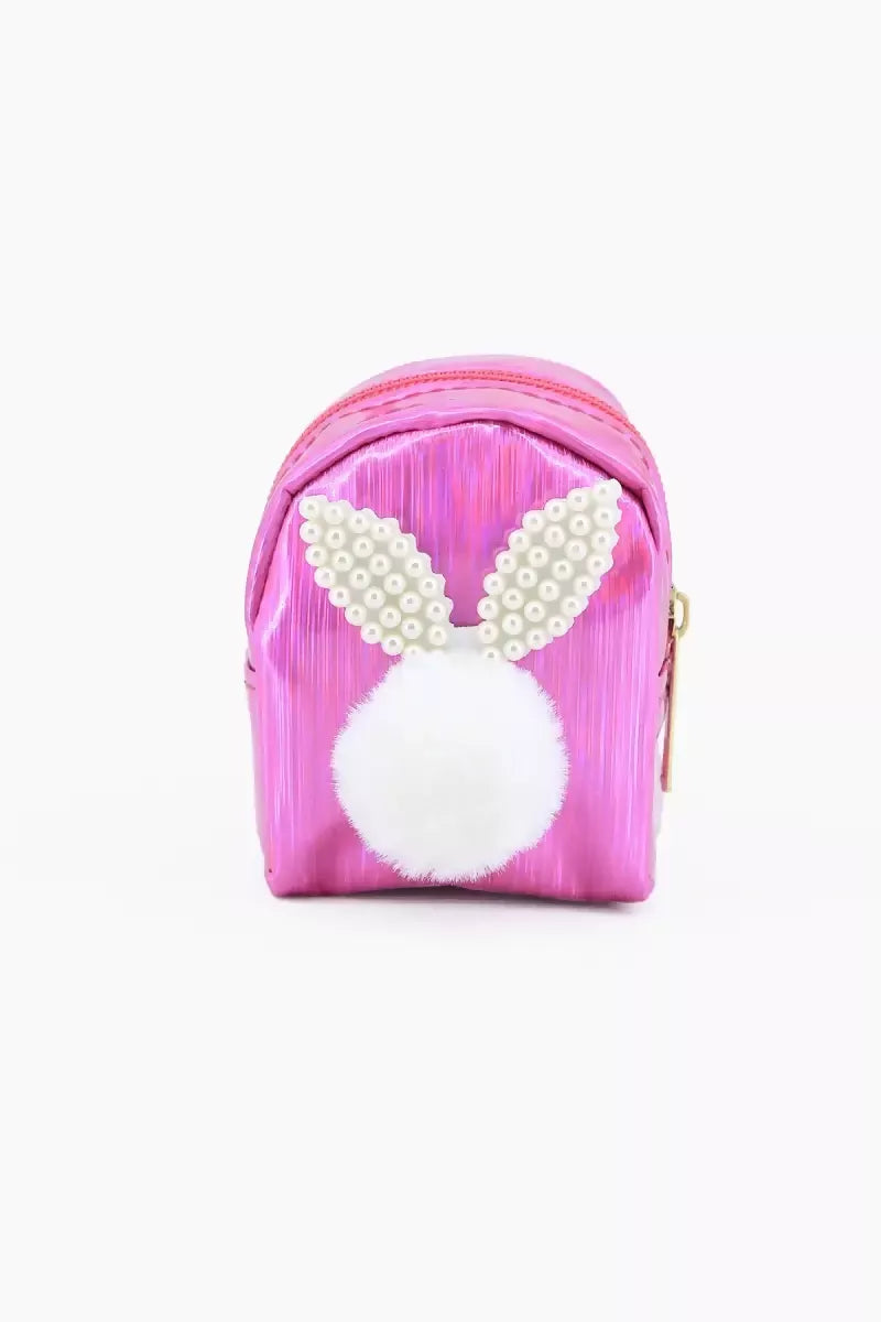 Mini Coin Purse Keychain with Fluffy Pompom (Dark Pink )
