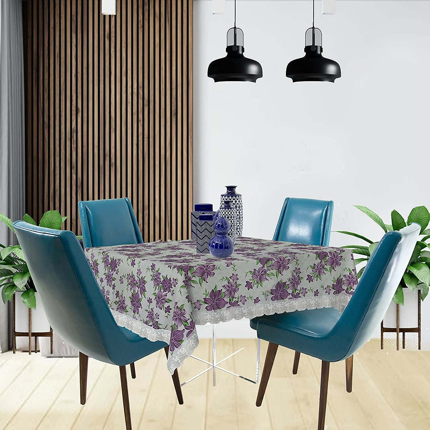 Mopak Decor Elegant 3D Printed Table Cover with Lace – (White & Purple Flower)