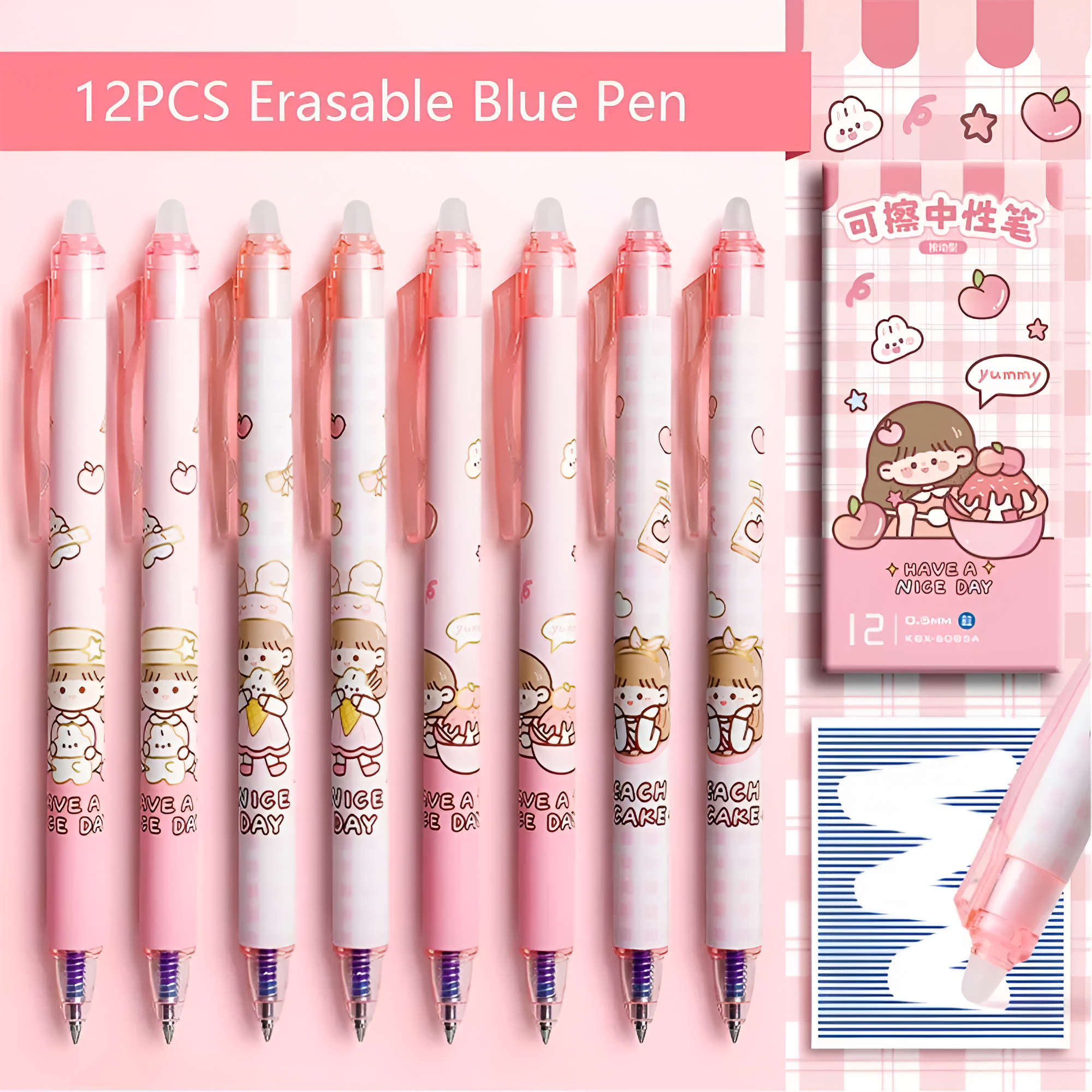 Cute Girl Taotao's Tea Party Erasable Pens - Pack of 12