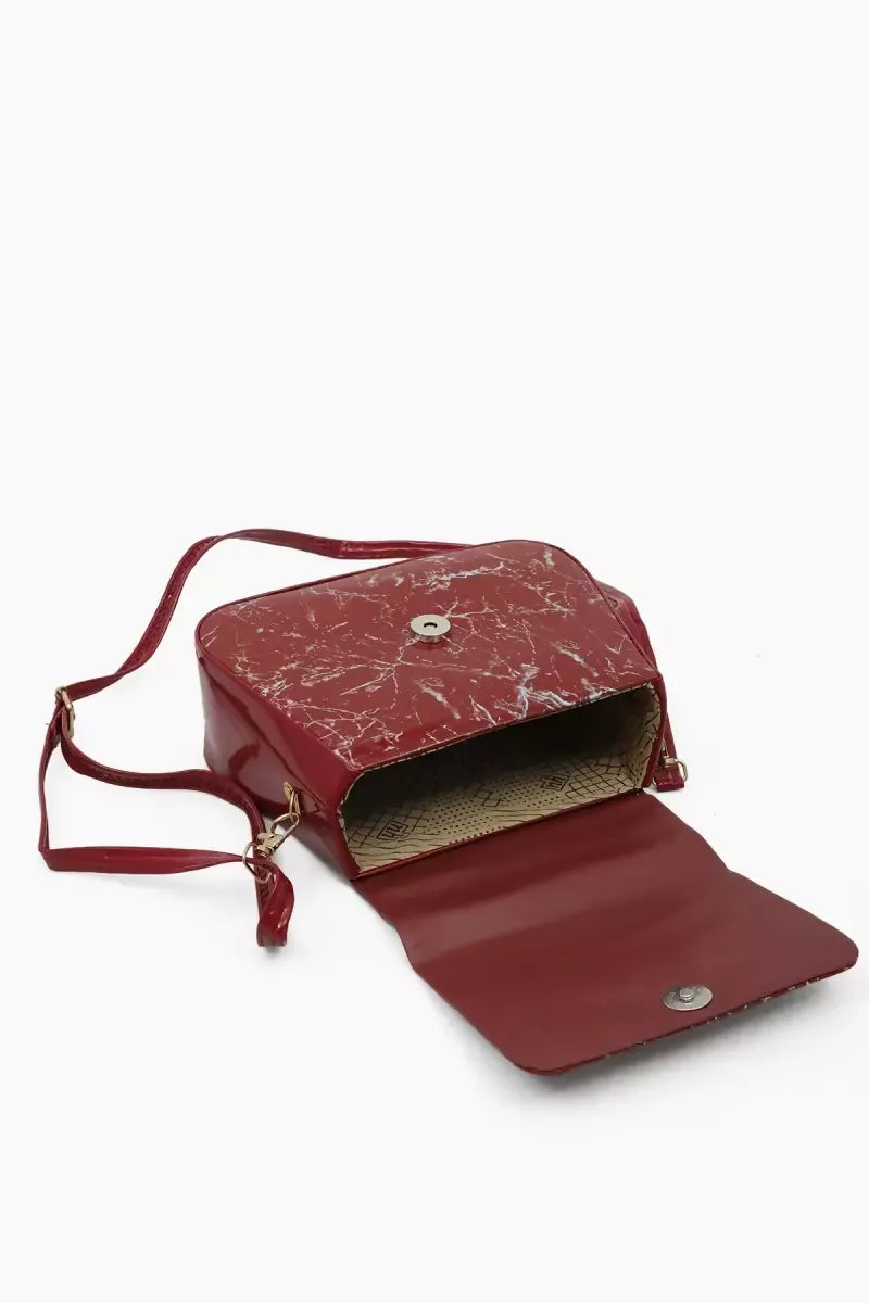 Marble printed Box Sling Bag for Girls - Dark red