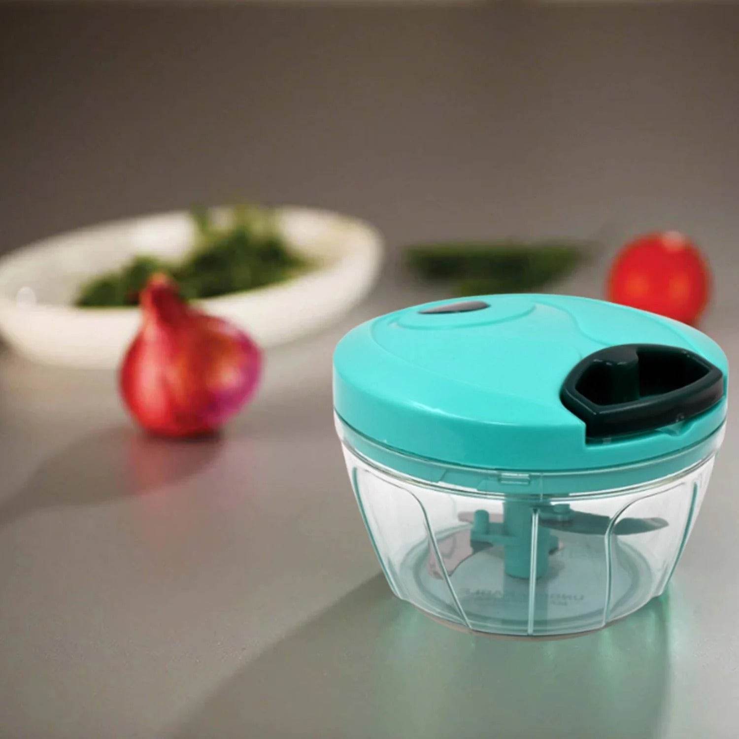 Bachat Club smart mini chopper with turquoise lid and transparent container on kitchen counter