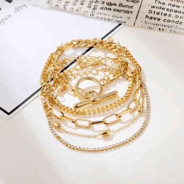 Pinapes Gold Punk Style Chain Bracelet Set Lock & Crystal (5 Pieces)