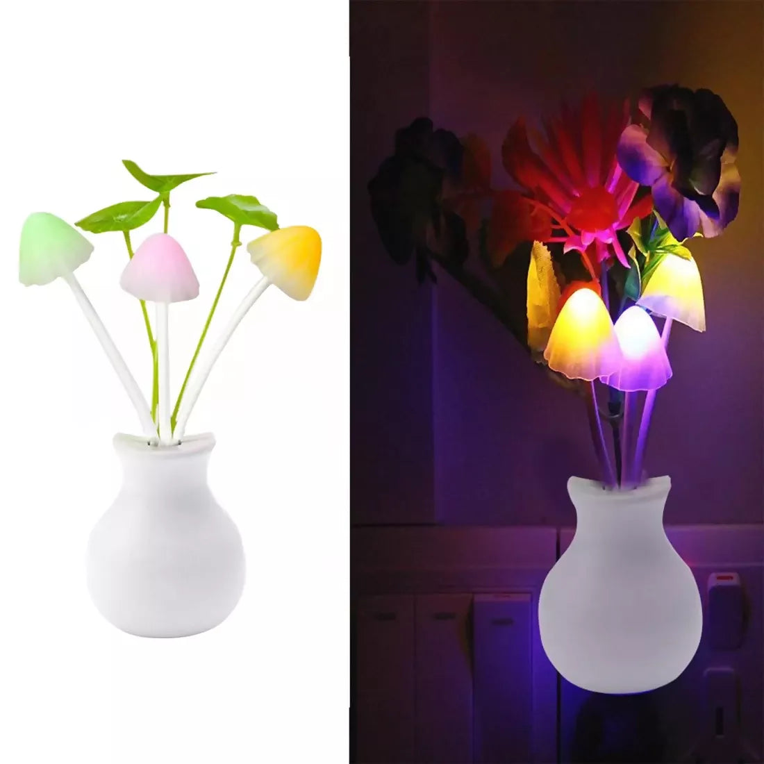 LED Mushroom Night Lamp with Auto On/Off Sensor – Multicolor (Pack of 2)