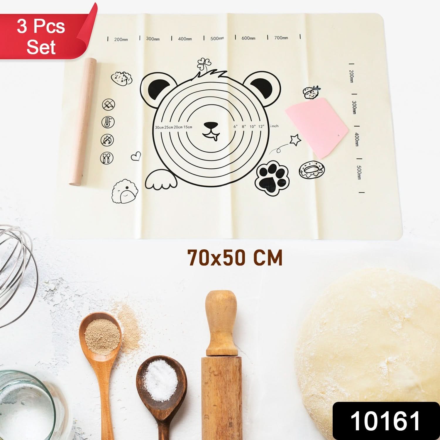 3-in-1 Silicone Baking Mat Set with Wooden Belan & Cake Scraper – 70x50 cm (3 Pcs)