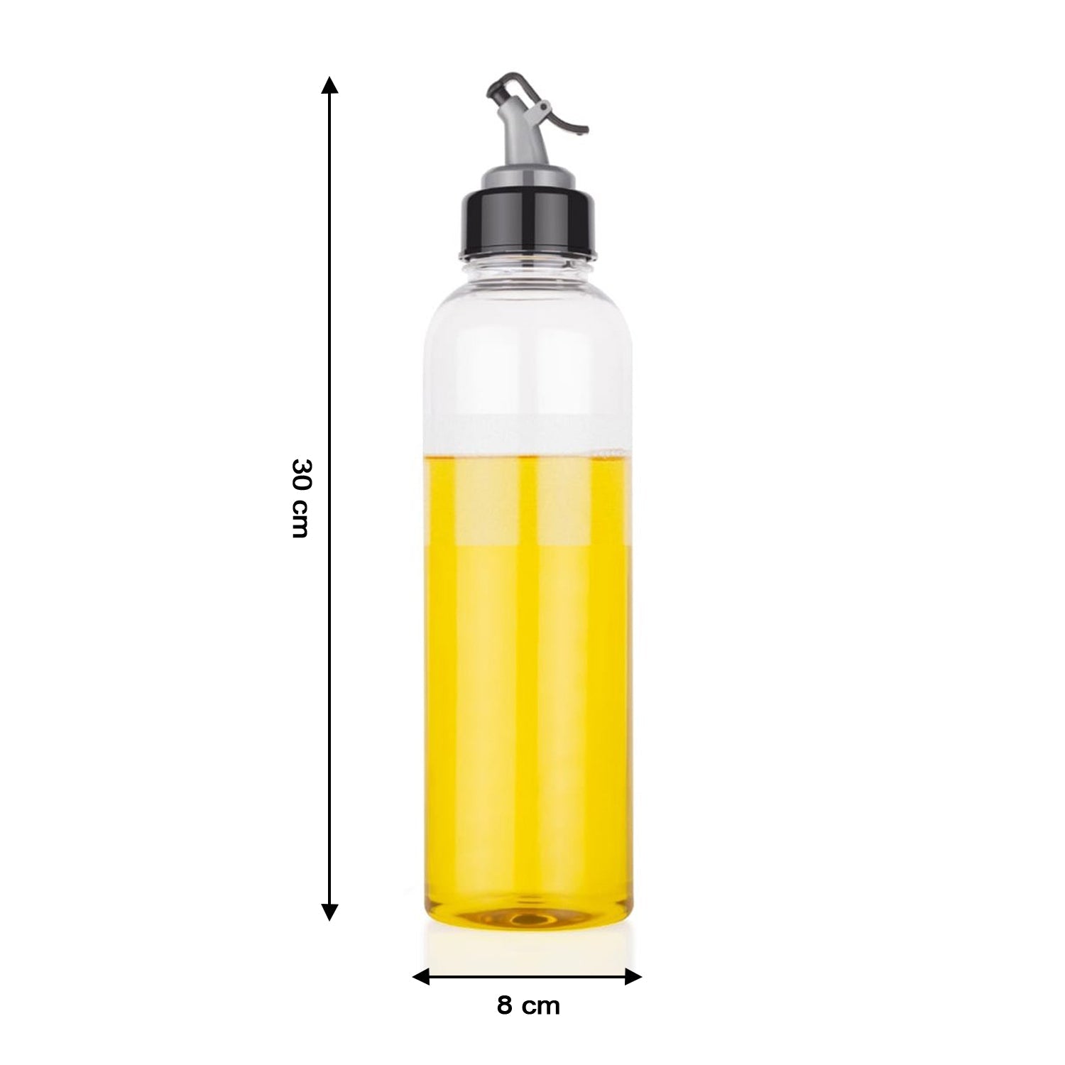 Bachat Club transparent oil dispenser bottle with black pour spout cap holding yellow cooking oil