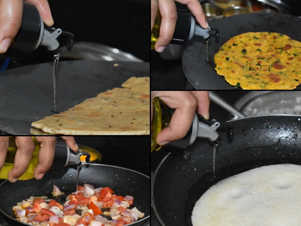 Bachat Club transparent oil dispenser bottle pouring oil on flatbread onions tomato and dosa in nonstick pans