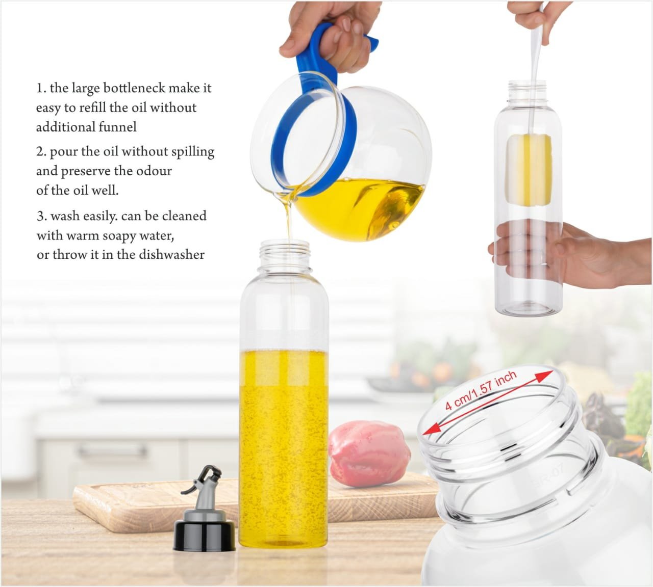 Bachat Club transparent oil dispenser bottle with large bottleneck and easy pour design for kitchen use