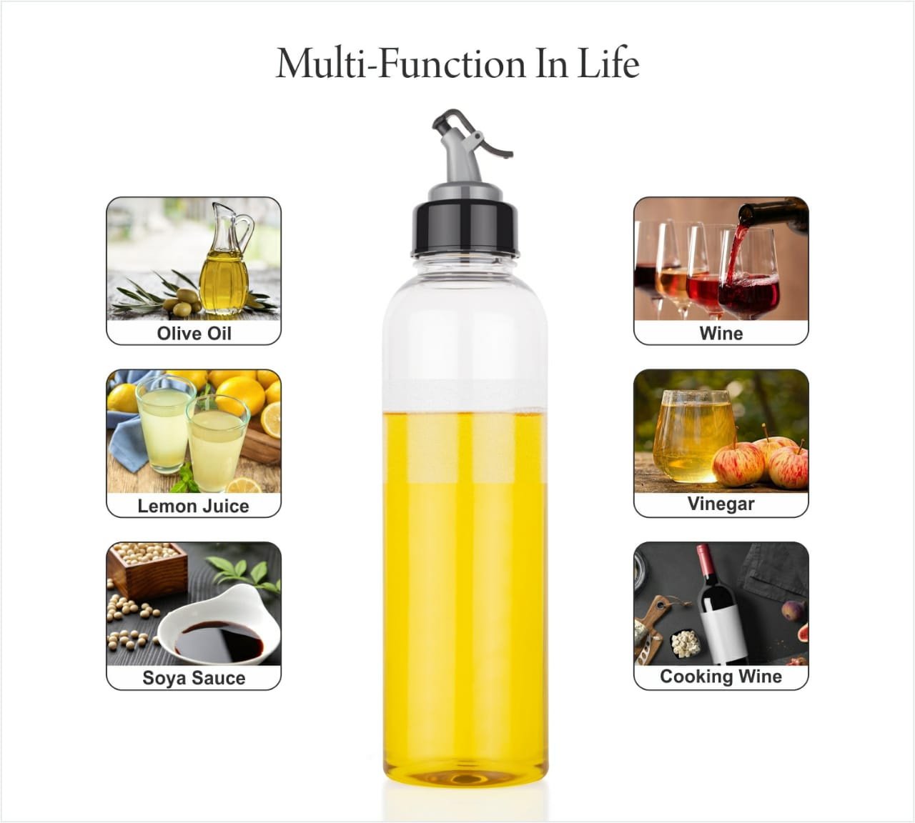 Bachat Club transparent oil dispenser bottle filled with yellow liquid showcasing multi-function use for olive oil lemon juice and more