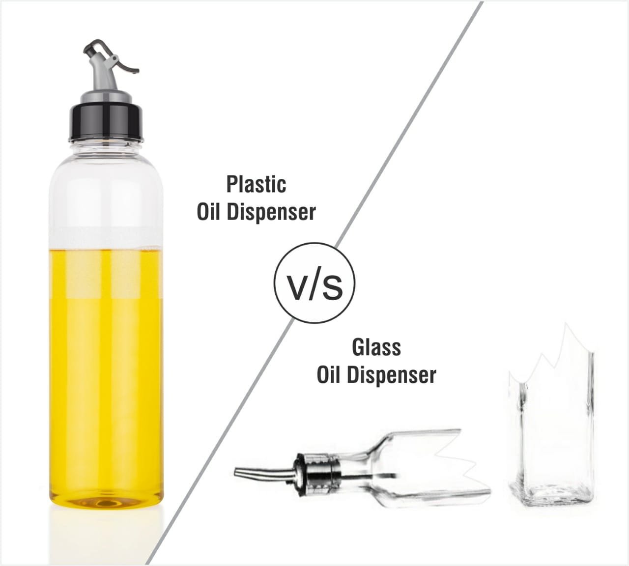 Bachat Club transparent oil dispenser bottle made of plastic compared to broken glass oil dispenser