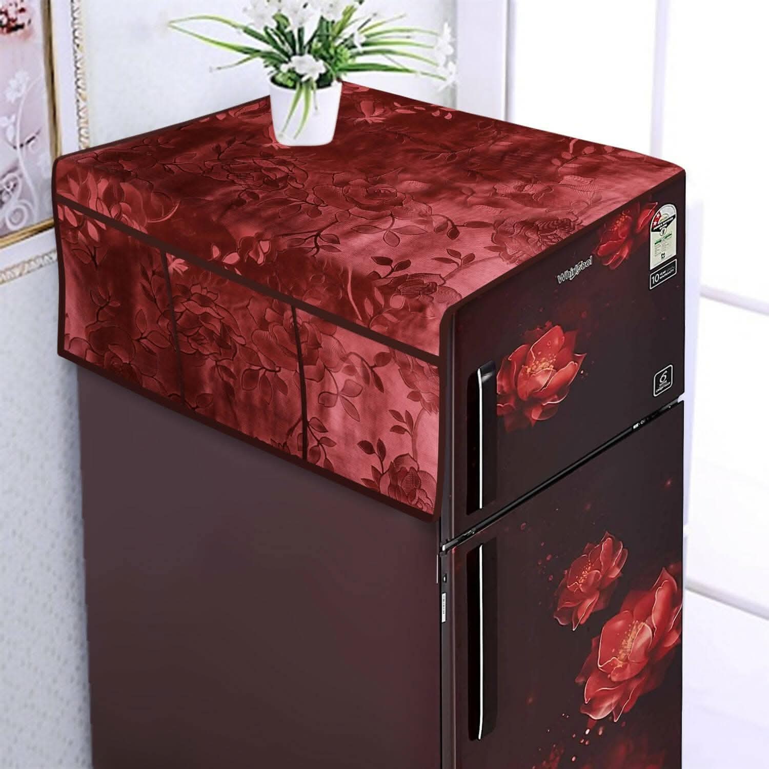 WISHLAND 1 Pc Fridge Cover for Top with 6 Pockets + 2 Handle Cover + 3 Fridge Mats( Fridge Cover Combo Set of 6 Pcs) red
