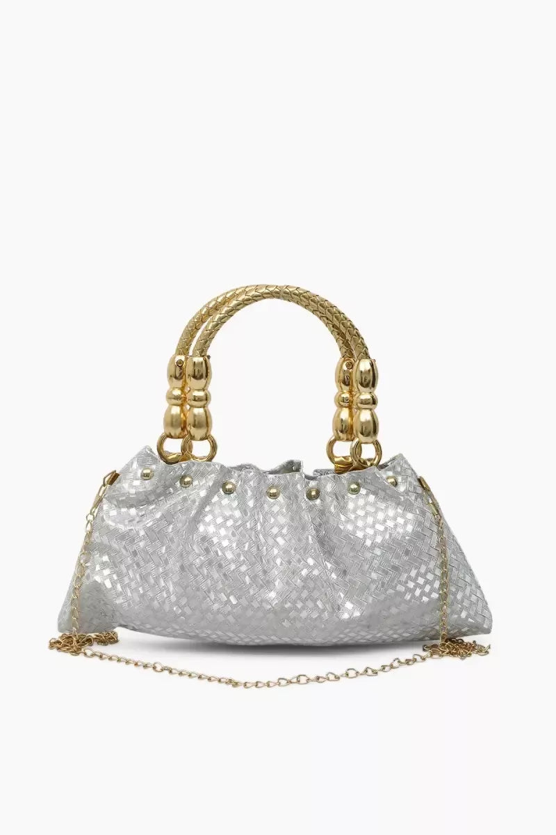 Elegant Gold Tone Hand-Held & Sling Bag - Silver