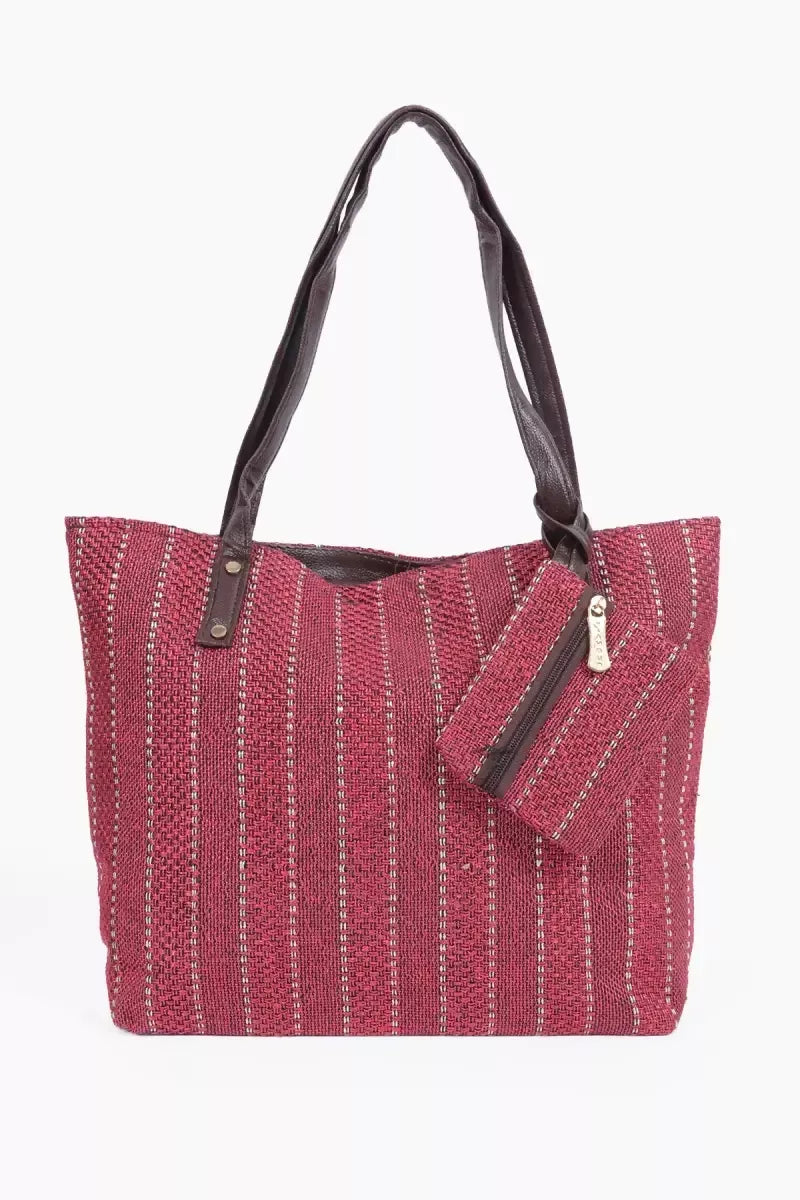Women's Jute Hand Bag with Small Purse - Maroon