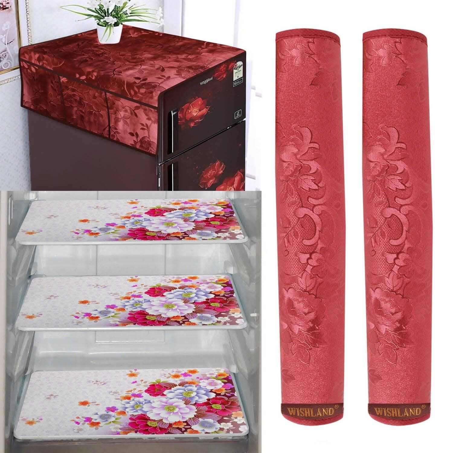 WISHLAND 1 Pc Fridge Cover for Top with 6 Pockets + 2 Handle Cover + 3 Fridge Mats( Fridge Cover Combo Set of 6 Pcs) red