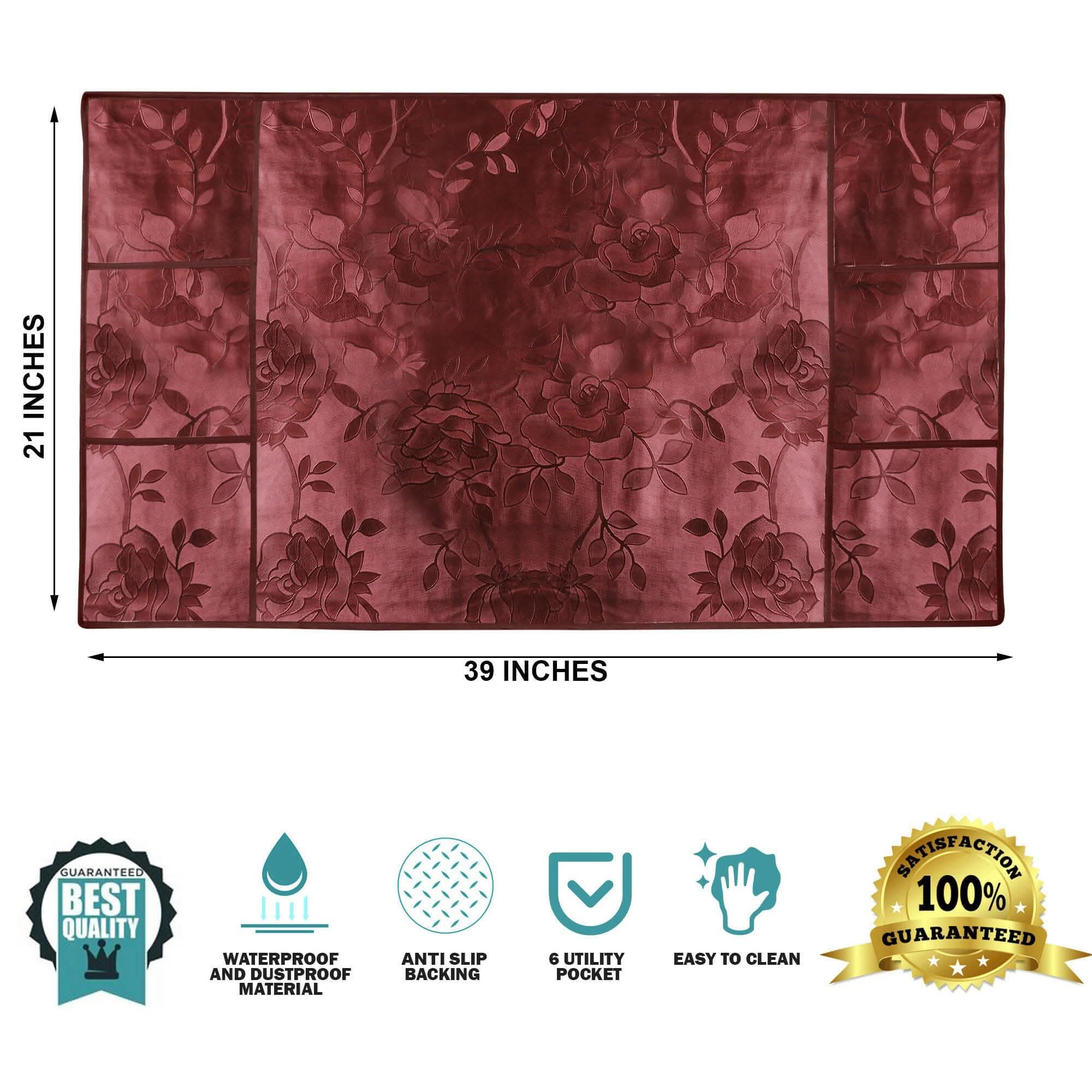 WISHLAND 1 Pc Fridge Cover for Top with 6 Pockets + 2 Handle Cover + 3 Fridge Mats( Fridge Cover Combo Set of 6 Pcs) red