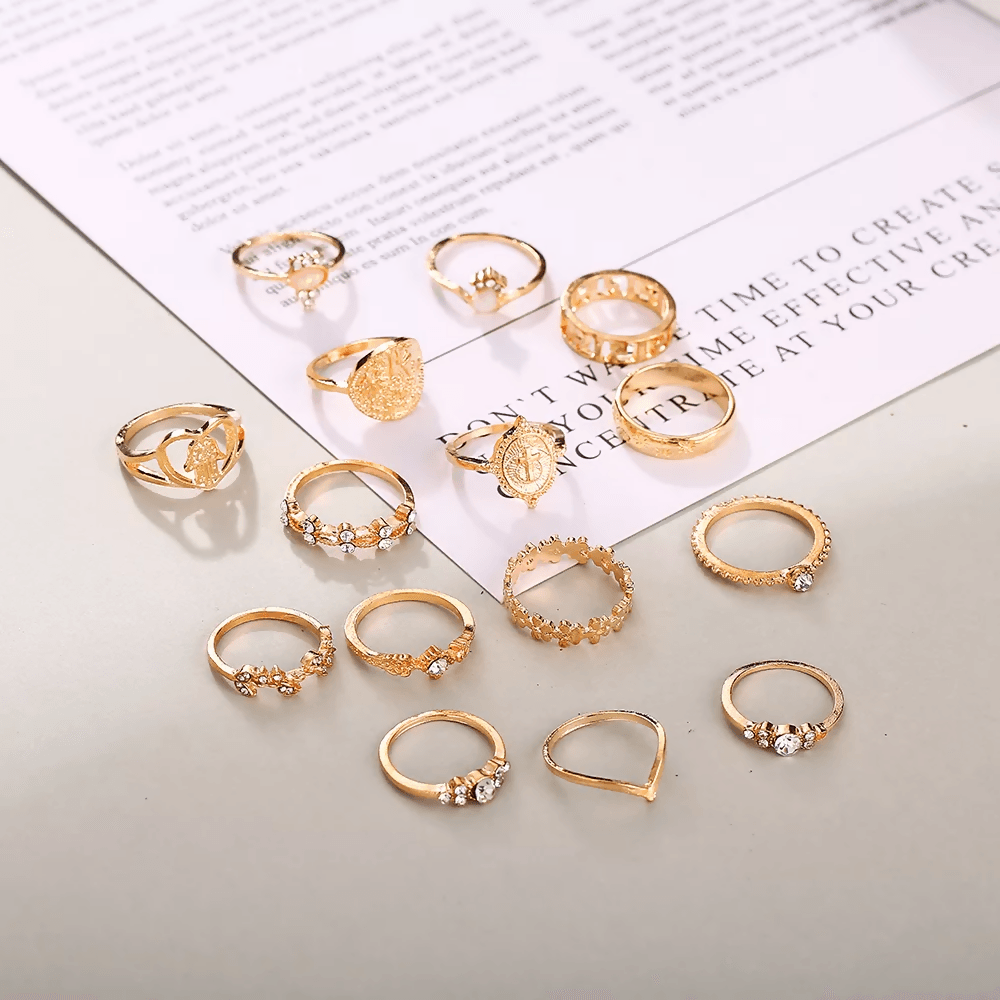 Pinapes Fashion Non Precious Base Metal Boho Midi Finger Ring for Girls – Set of 14