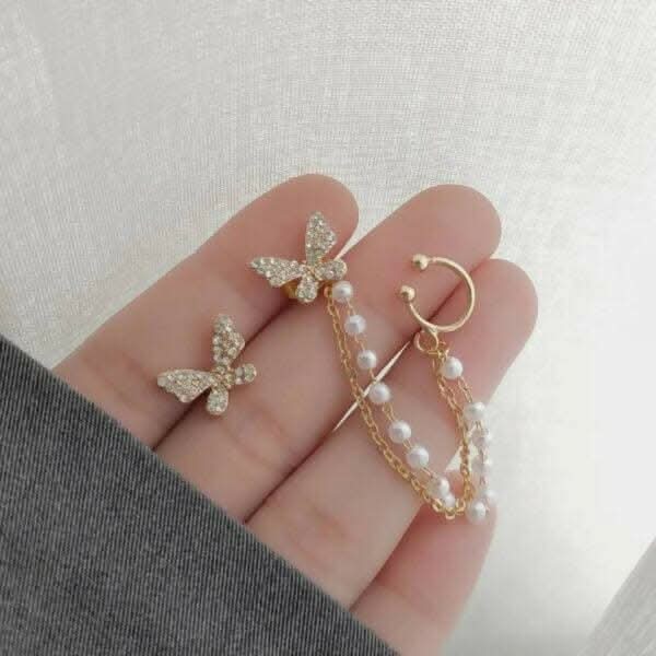 Pinapes Butterfly Drop Earrings Sparkling Rhinestone & Pearl Chain Dangle Earrings