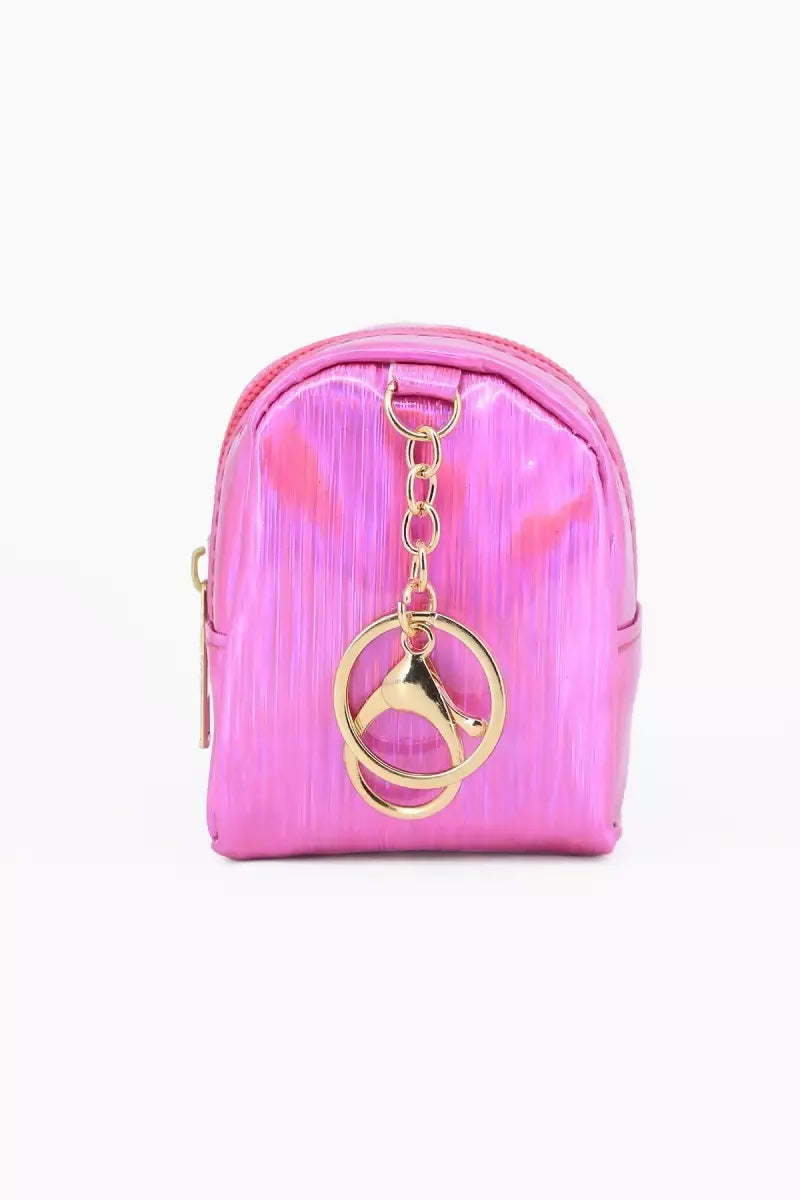 Mini Coin Purse Keychain with Fluffy Pompom (Dark Pink )