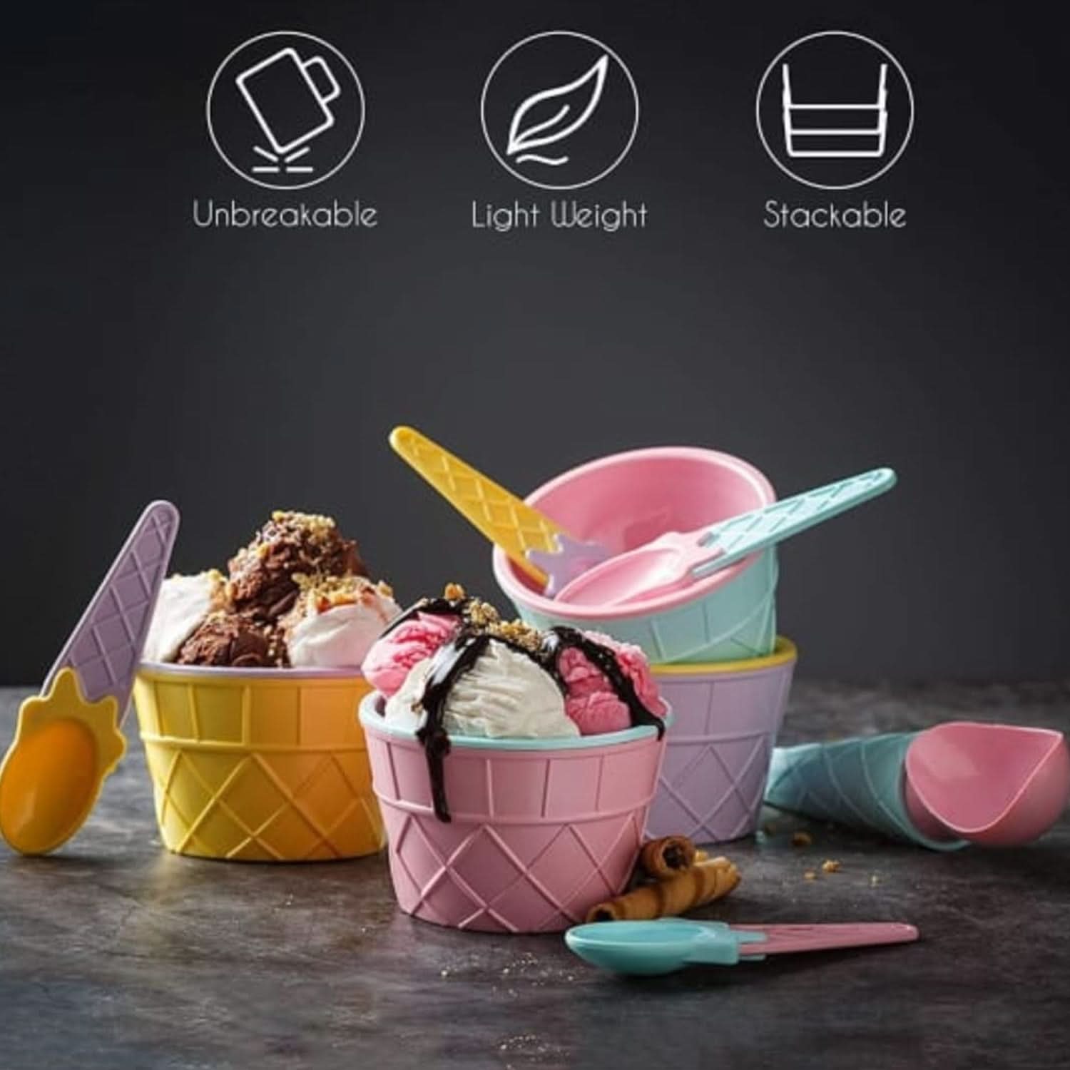 Ice Cream Waffle Bowl Set with Spoons – 2 Pcs