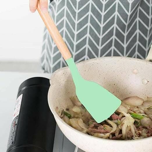 P-Plus International Silicone Spatula Turner – Flexible, Heat Resistant & Wooden Handle (Green)