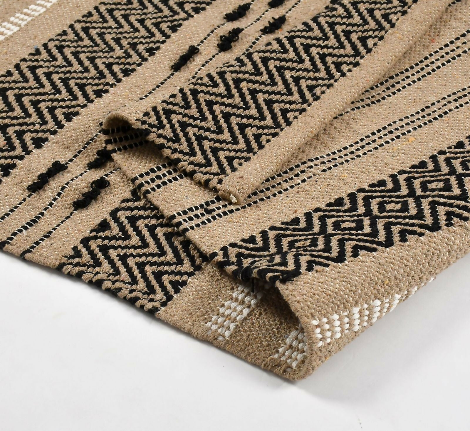 AaHo Natural Cotton Runner Designer Striped Rug for Passage & Home (2 x 5 feet, Beige Black)