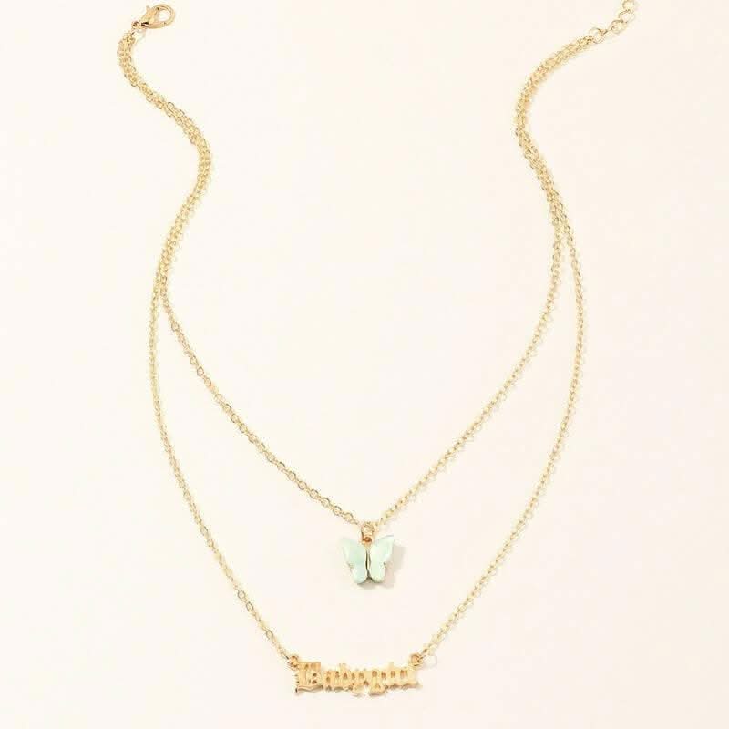 Pinapes Babygirl Letter Acrylic Butterfly Necklace Gold & Blue Multi-Layered Design